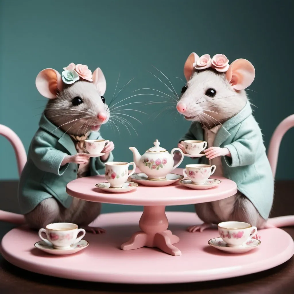 Prompt: Whimsical theme, [kawaii rats enjoying tea party on elegant tabletop], character model