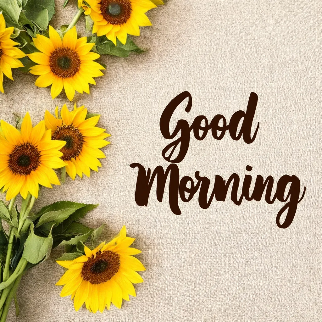 Prompt: Bouquet of sunflowers laying on clothed tabletop [background], [foreground, "Good Morning" text written in calligraphy font type, dark brown text colour]