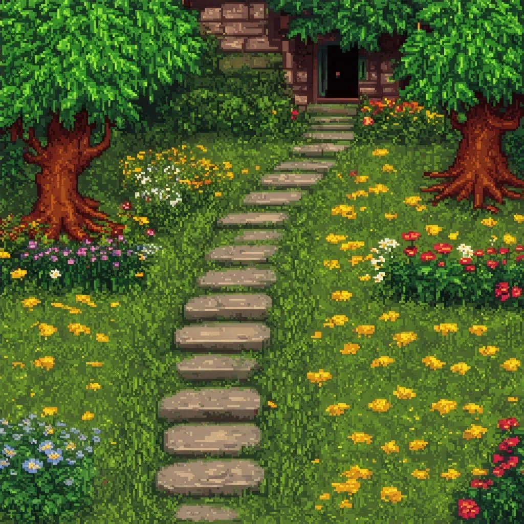 Prompt: Forest cottage backyard stone path walkway setting, [wildflower garden], pixel art