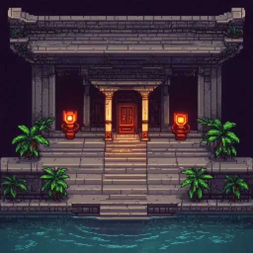 Prompt: RPG theme, dimly lit watery temple setting, pixel art style