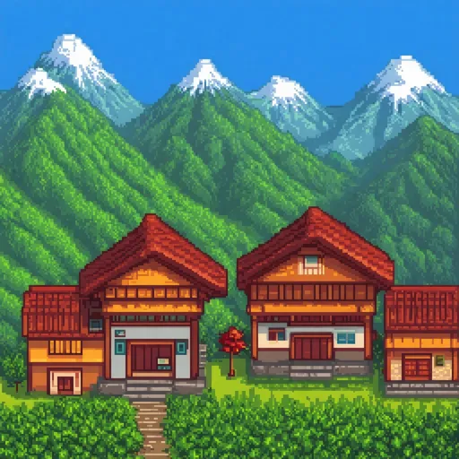Prompt: Kawaii theme, Japanese mountain village setting, pixel art style
