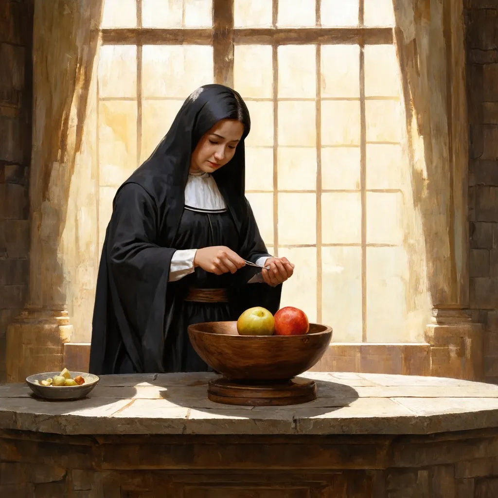 Prompt: [Lovely priestess offering a fruit into a wooden bowl], bowl sits upon stone altar, realism