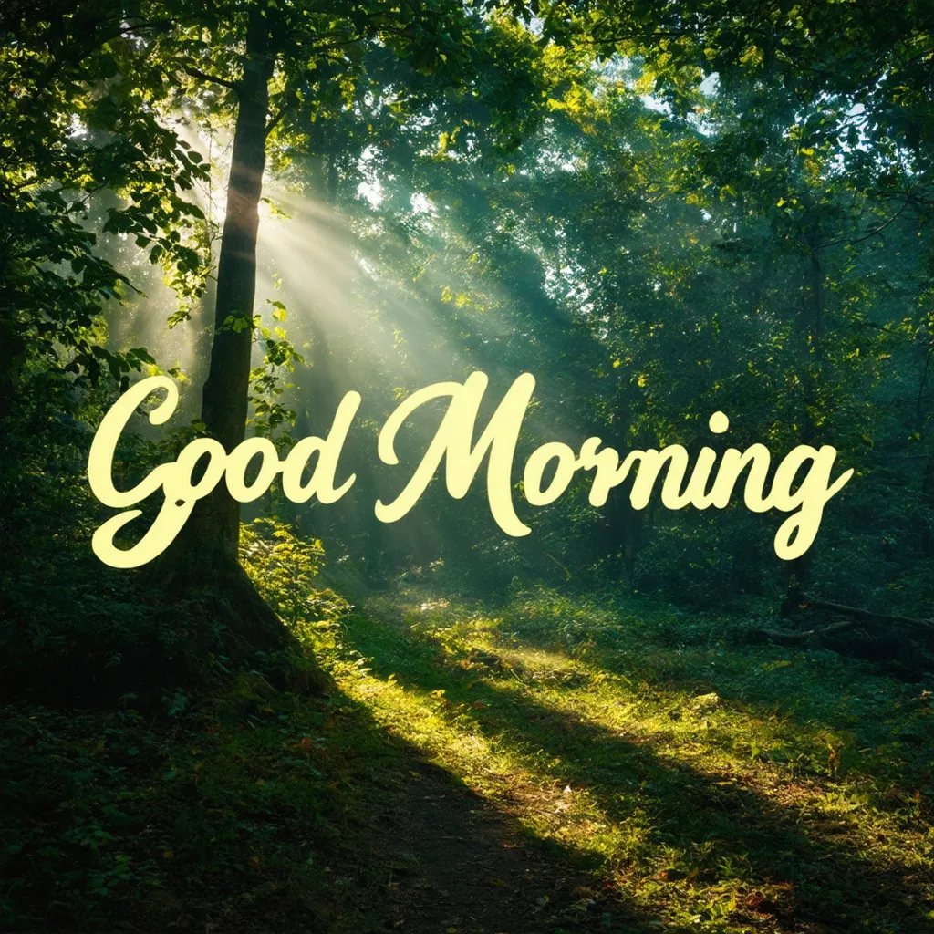 Prompt: Sunlight filtering through dense forest canopy showing a sleepy forest scene [background], [foreground, "Good Morning" text written in calligraphy font type, light cream yellow text colour]