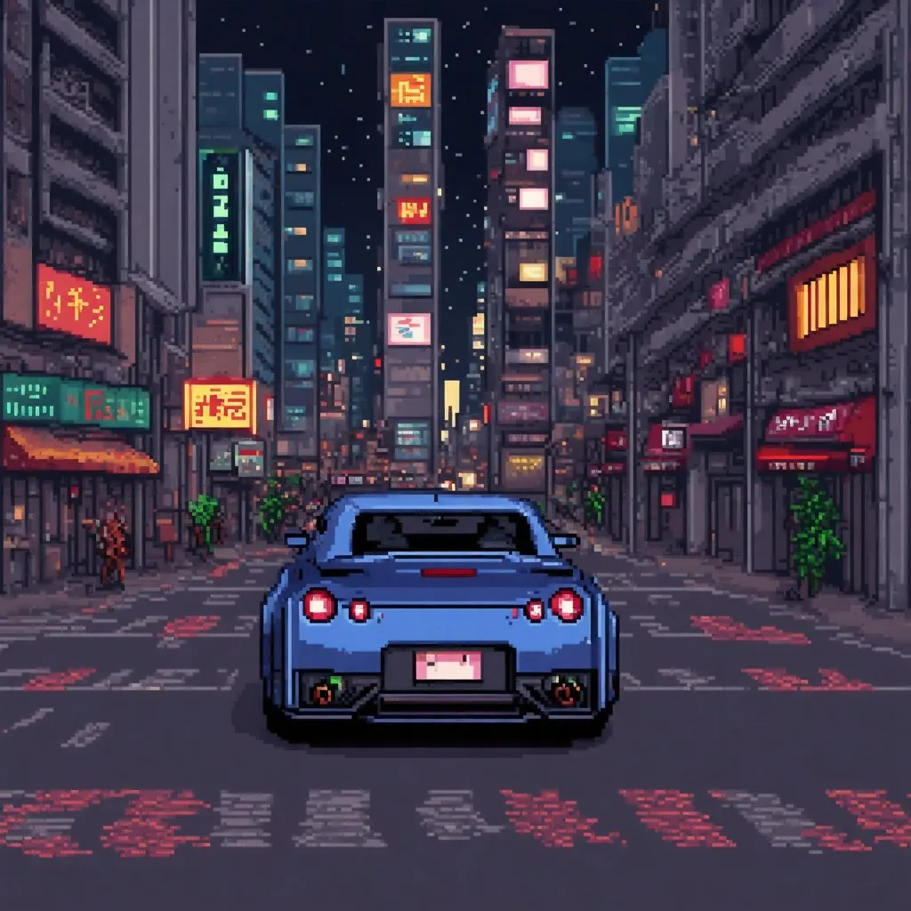 Prompt: Neo-Tokyo theme, [Nissan-GTR-car], night-time, city-streets setting, pixel-art-style