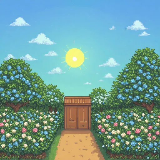 Prompt: Kawaii theme, [blue-rose garden], sunrise, pixel art style 