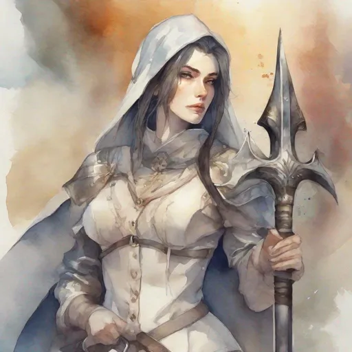 Prompt: Fantasy theme, [sultry cleric woman holding polearm], Anything v5 model, watercolor style 