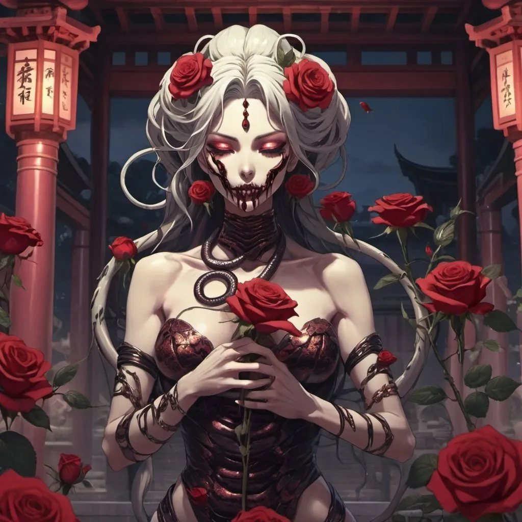 Prompt: Anime theme, [vicious snake woman humanoid devouring roses], temple setting, evening time