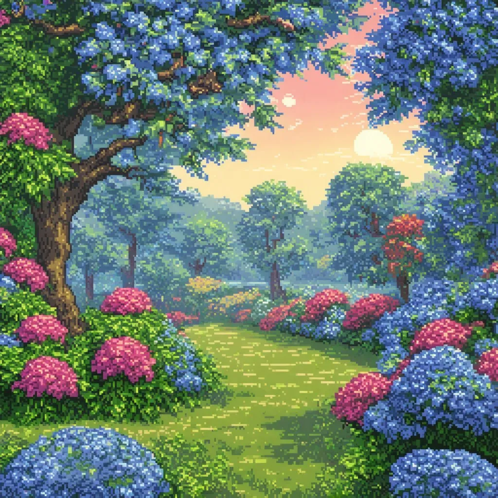 Prompt: Kawaii theme, [colorful hydrangea garden], sunrise, pixel art style 