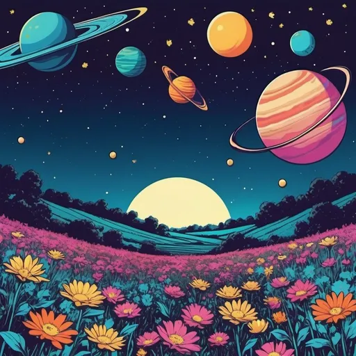 Prompt: Space theme, planets night sky background, field of flowers, 1950s pop art style