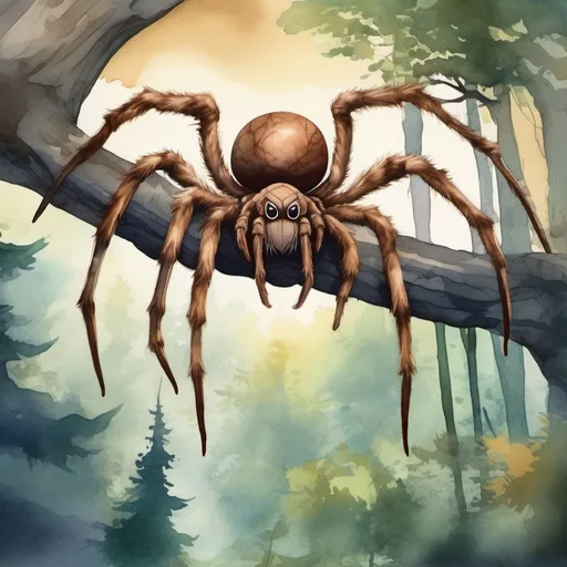 Prompt: Fantasy theme, giant brown-haired spider ready to strike from a tree branch in the forest canopy [foreground], forest setting [background], watercolour style