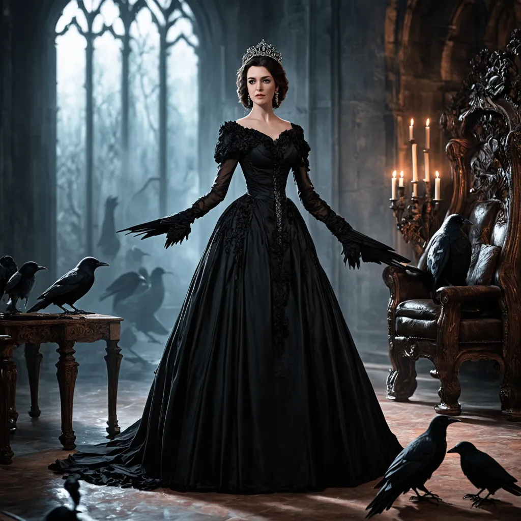 Prompt: Fantasy theme, Her Royal Highness the Lady of Ravens dressed in an elegant ebony black dress accompanied by a flock of crows [foreground], gothic throne room aesthetic [background], character model