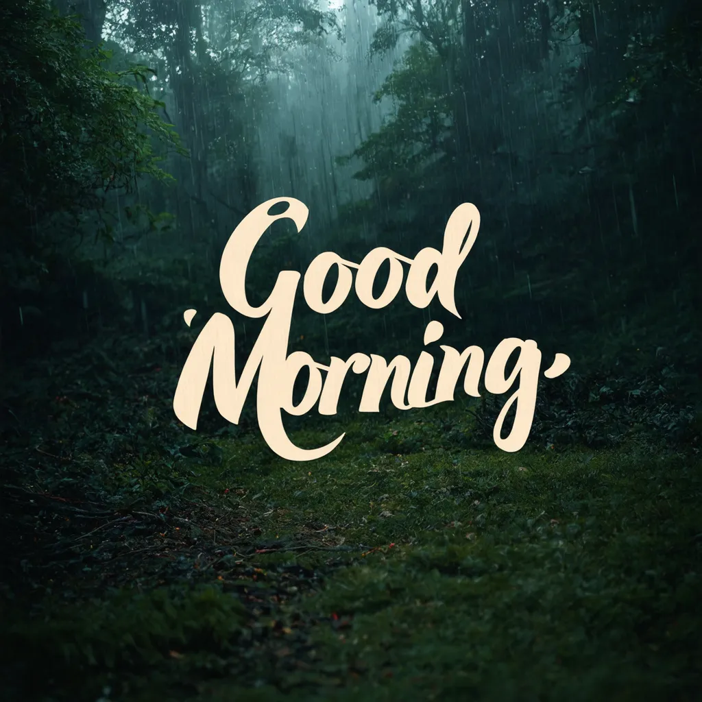 Prompt: Rainy forest setting [background], [foreground, "Good Morning" text written in calligraphy font type, pastel cream text colour]