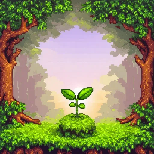 Prompt: Kawaii theme, [seedling sprouting forth from moss covered ground], forest setting sunlight rays through treetop canopy], sunrise, pixel art style 