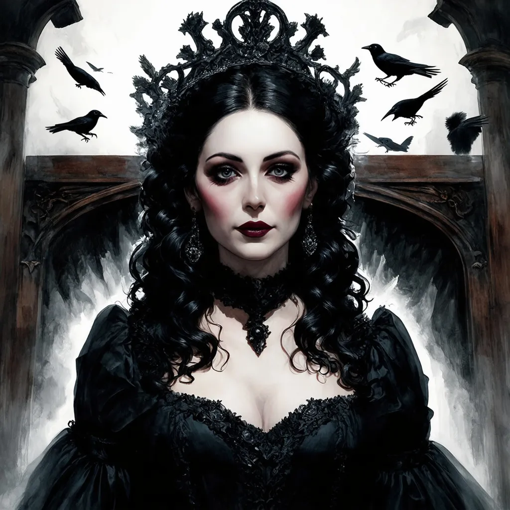 Prompt: Folklore horror theme, Her Royal Highness the Queen of Ravens dressed in an elegant ebony black dress accompanied by a flock of crows [close-up portrait], gothic throne room aesthetic [background], watercolour style