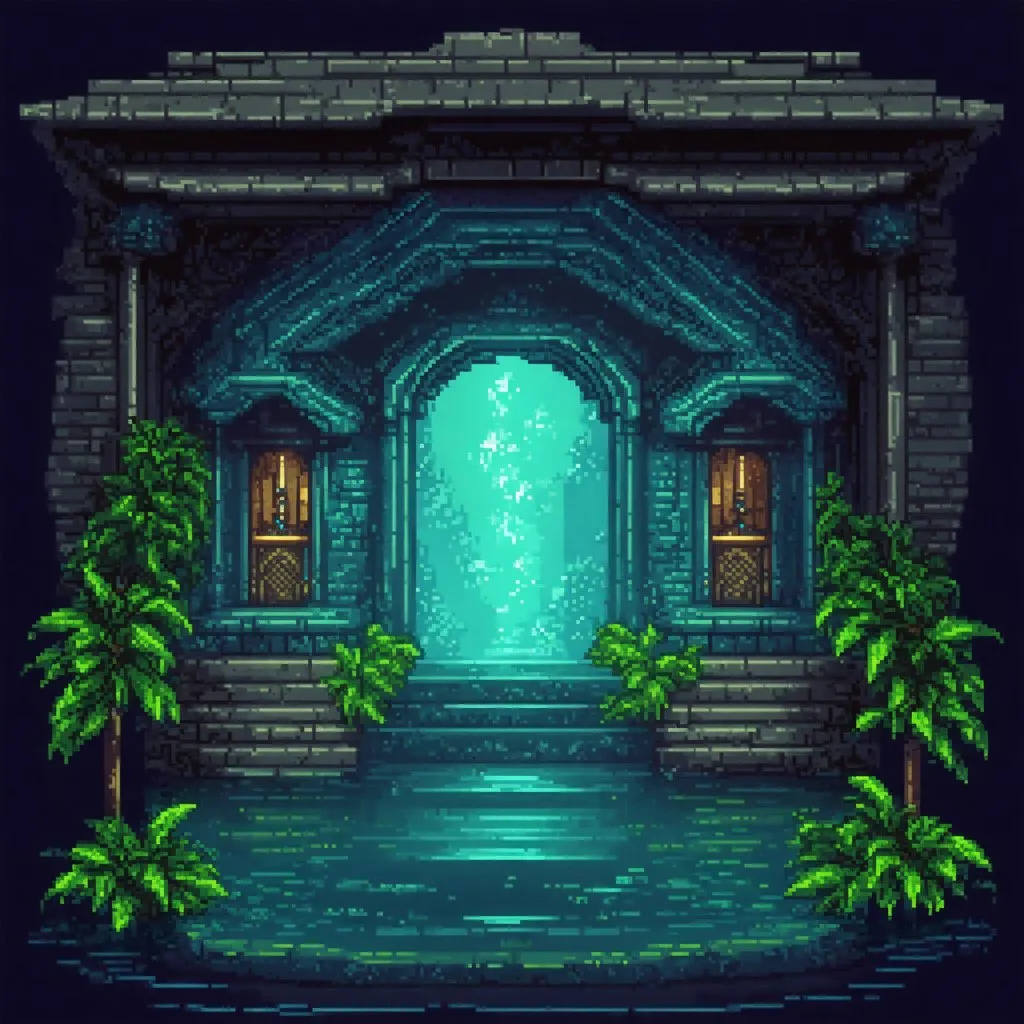 Prompt: RPG theme, dimly lit watery temple setting, pixel art style