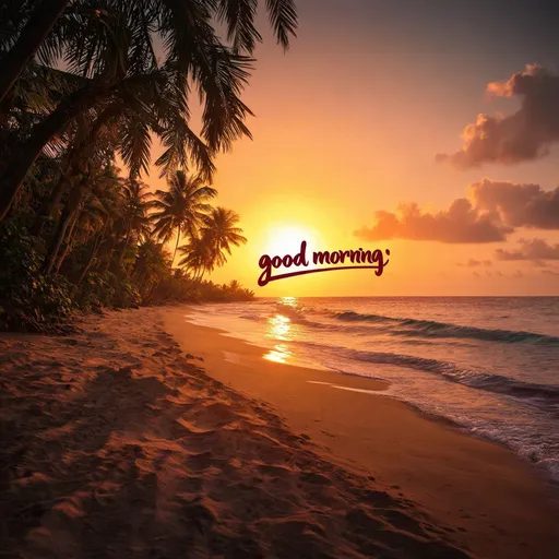 Prompt: Morning sunrise overlooking a jungle beach scene [background], [foreground, "Good Morning" text written in calligraphy font type, dark magenta red text colour]