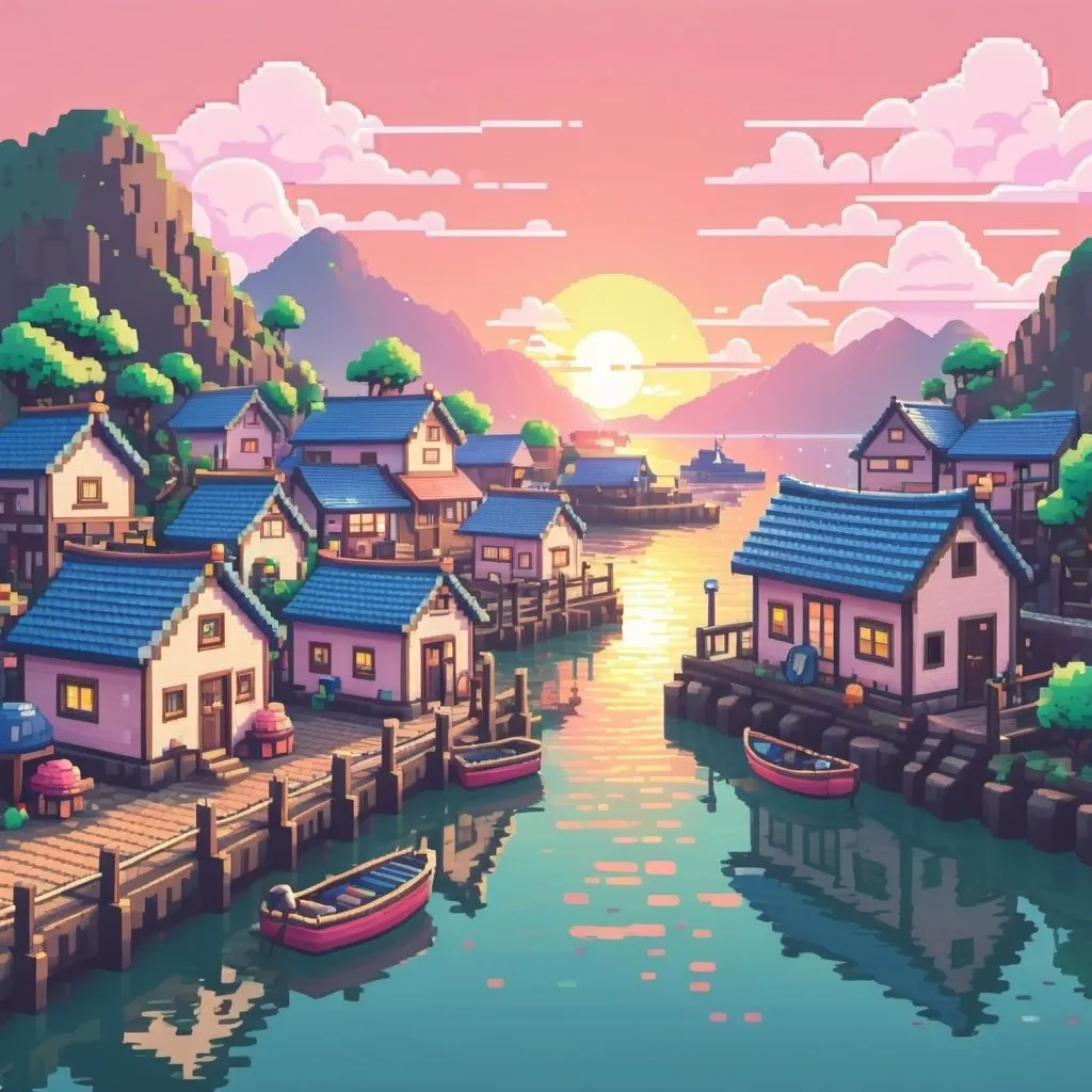 Prompt: Kawaii theme, [quaint fishing village], sunrise, pixel art style