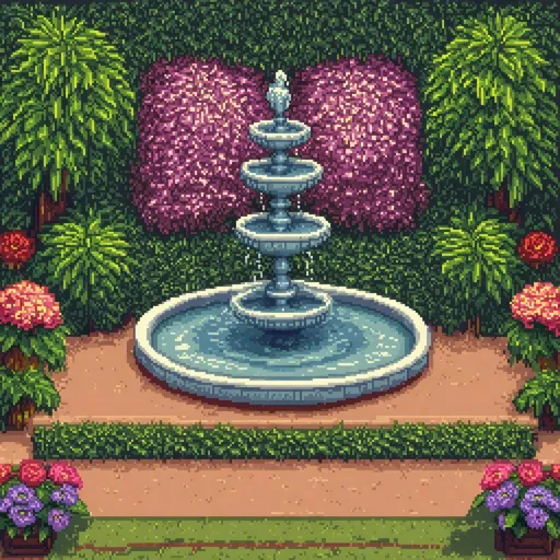 Prompt: Royal gardens theme, rare florals garden, large water fountain, pixel art style
