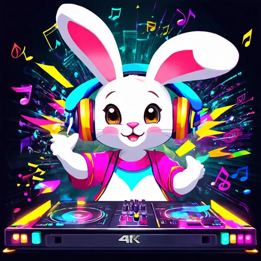 Prompt: Cute rabbit DJ wearing rave attire, anime art style