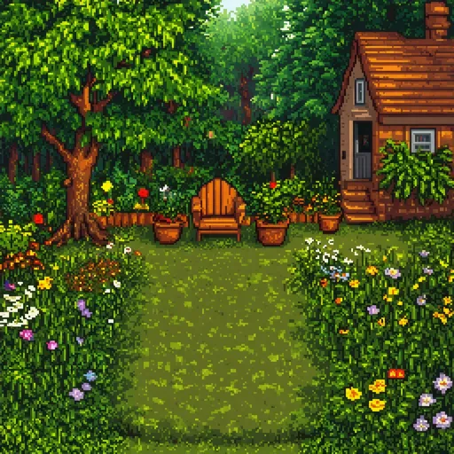 Prompt: Forest cottage backyard setting, [wildflower garden], pixel art
