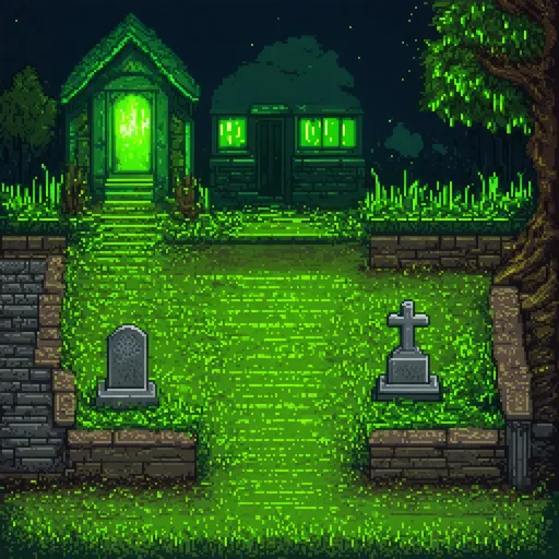 Prompt: RPG theme, rundown graveyard setting, nighttime, eerie green lighting, pixel art style 