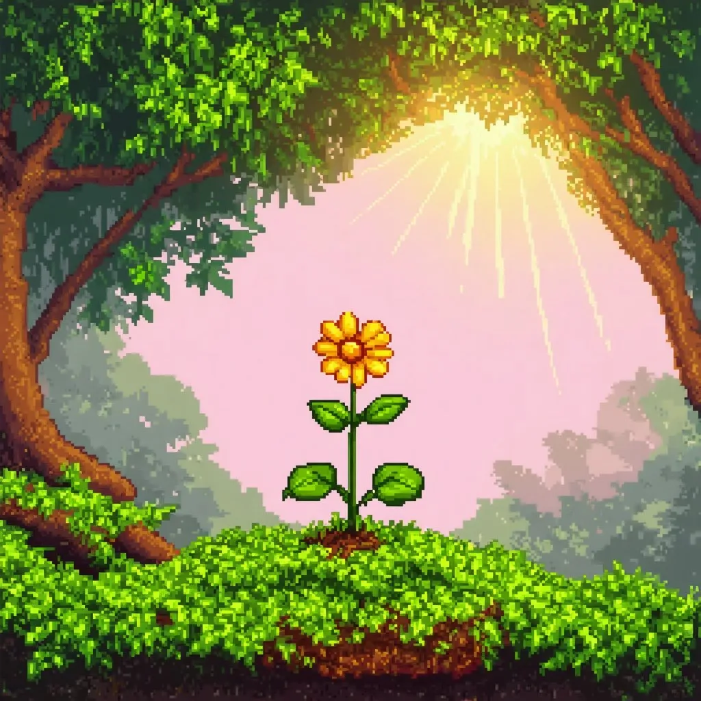 Prompt: Kawaii theme, [flower seedling sprouting forth from moss covered ground], forest setting sunlight rays through treetop canopy], sunrise, pixel art style 