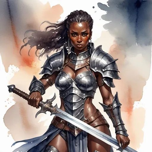 Prompt: Fantasy theme, [fierce dark-skinned heavily armored fighter woman holding greatsword], Anything v5 model, watercolor style 