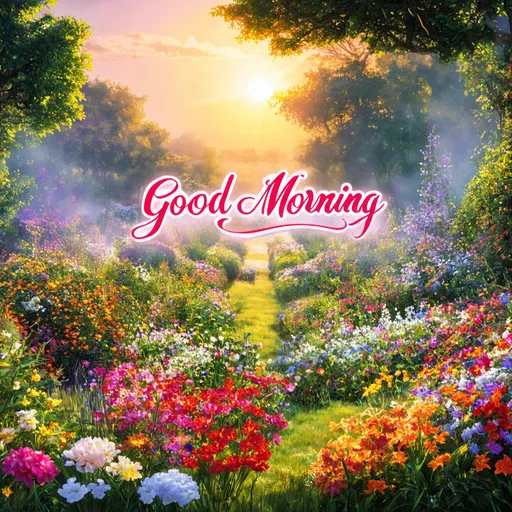 Prompt: Morning sunrise overlooking enchanted flower garden [background], [foreground, "Good Morning" text written in calligraphy font type, light magenta red text colour]