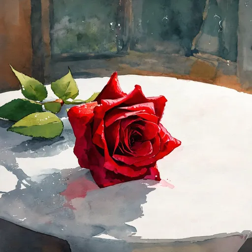 Prompt: [scarlet-rose laying on tabletop with morning dew on its petals, foreground], cottage interior [background], morning-time, watercolor art style