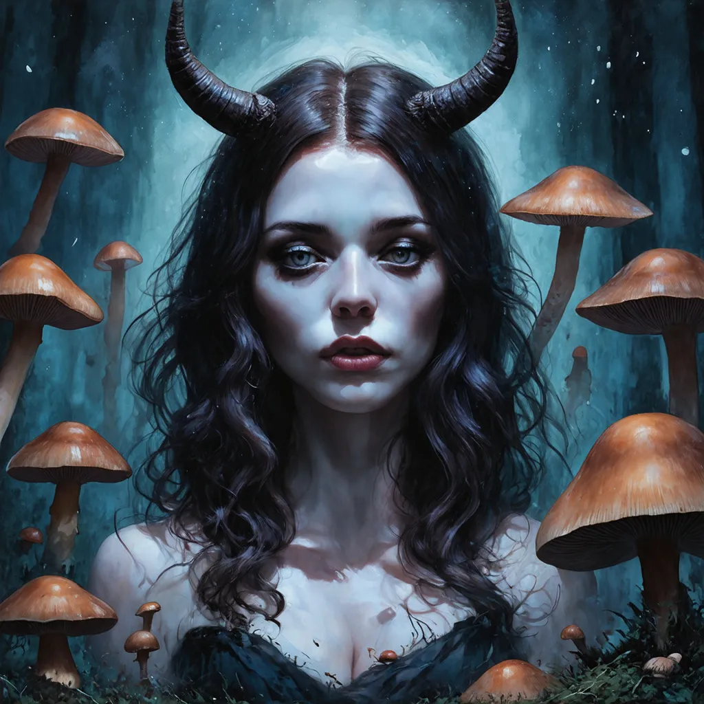 Prompt: Fantasy horror theme, [sultry woman  with small horns on forehead named the Death Bloom witch], mushroom spores and eerie lights aesthetic, watercolor style 