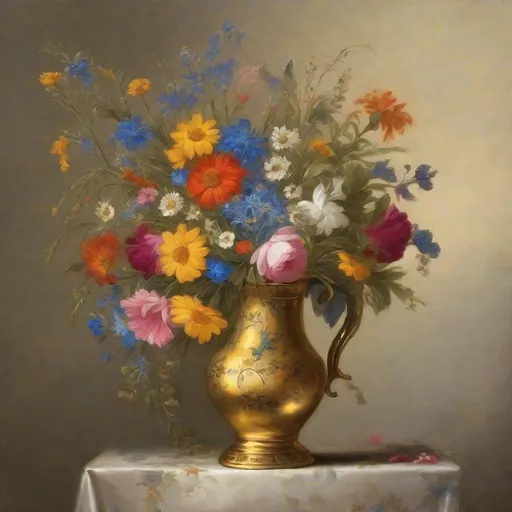 Prompt: Oil painting style, Renaissance Era, [tall gold gilded china pitcher full with vibrant bouquet wildflowers]