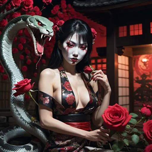 Prompt: Japanese horror theme, [sultry snake womam humanoid devouring roses], temple setting, evening time