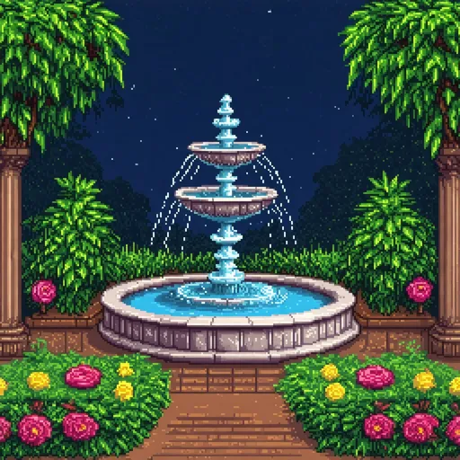 Prompt: Royal gardens theme, florals garden, large water fountain, nighttime, soft warm lighting, pixel art style