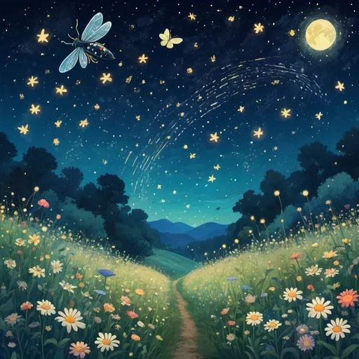 Prompt: Whimsical theme, starry night sky background, field of flowers with firefly-bugs, Studio Ghibli art style