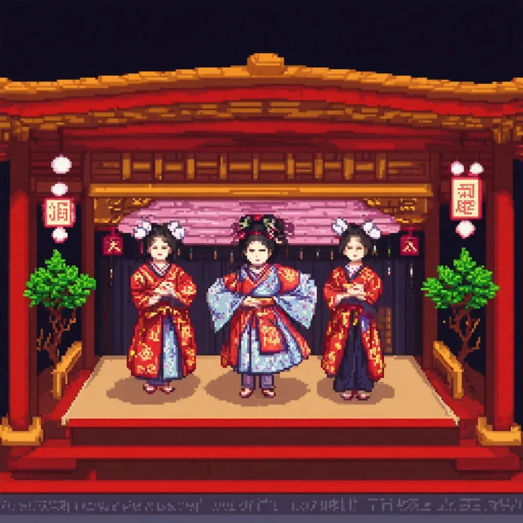 Prompt: Kawaii theme, Japanese kabuki theatre setting, [elaborate kabuki theatre stage, mysterious-dim lighting],evening time, pixel art style