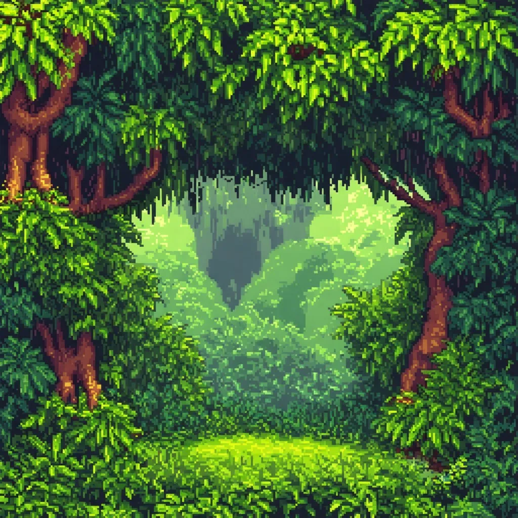 Prompt: Kawaii theme, rainforest setting, pixel art style