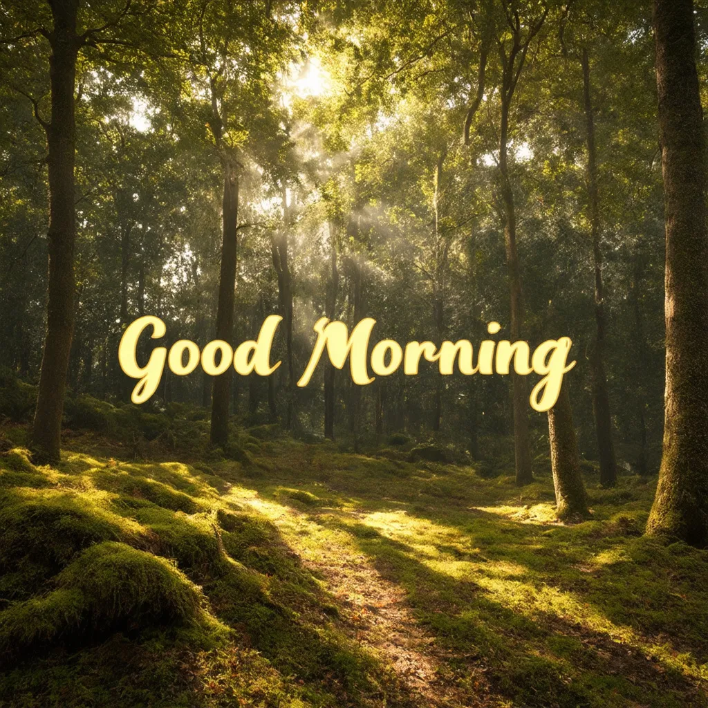 Prompt: Sunlight filtering through dense forest canopy showing a sleepy forest scene [background], [foreground, "Good Morning" text written in calligraphy font type, light cream yellow text colour]