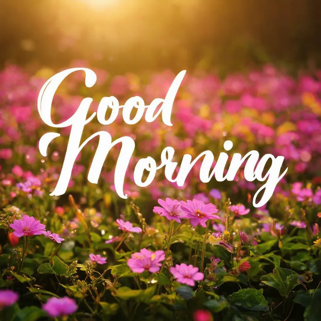 Prompt: Morning sunrise overlooking enchanted flower garden [background], [foreground, "Good Morning" text written in calligraphy font type, light magenta red text colour]