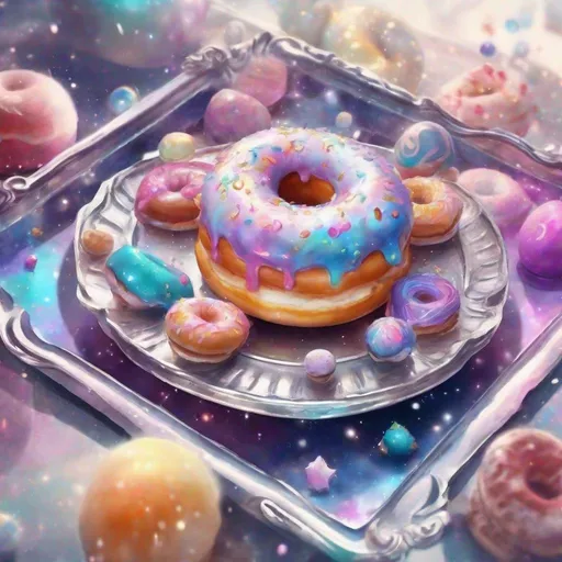 Prompt: Colorful fantasy theme, Anything v5 model, [cosmic-glazed 🍩 poised atop a silver-glittering tray], watercolor style