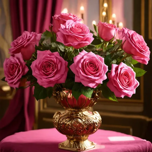 Prompt: Closeup of pink roses arranged in an ornate vase [background], [foreground, "Good Morning" text written in calligraphy font type, dark magenta red text colour]