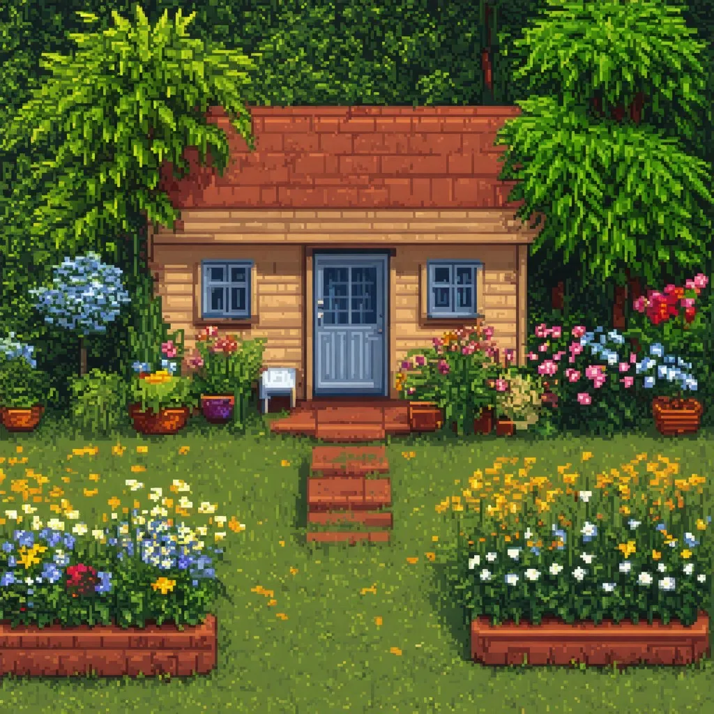 Prompt: French cottage backyard setting, [wildflower garden], pixel art