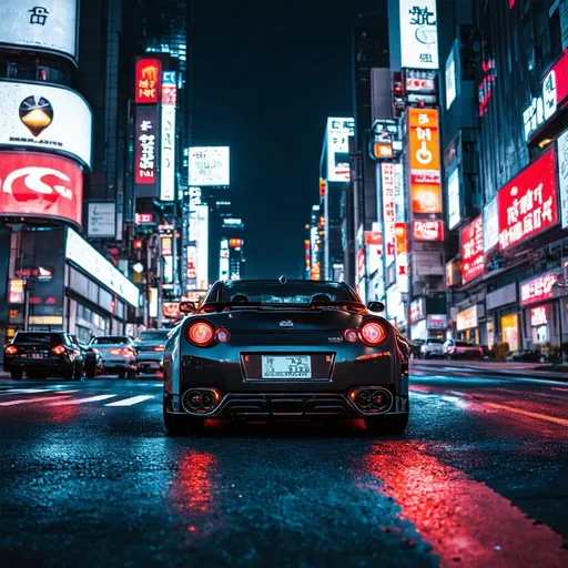 Prompt: Neo-Tokyo theme, [Nissan-GTR-car], night-time, city-streets setting