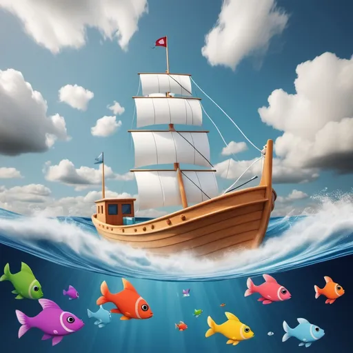 Prompt: Create a boat in the water with waves a perot is flying beside the boat also create white clouds on top of the boat.
colourful fishs are in the sea it is realistic
