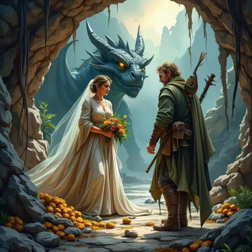 Prompt: 1 female orc adventuer dressed as a bridesmaid and 1 male elf adventurer dressed as a groomsman inside a large cave, searching with their hands in different piles of treasure. In the background is the faint outline of the dragon watching them with glowing eyes. style is dungeons and dragons painting. the feeling is dramatic