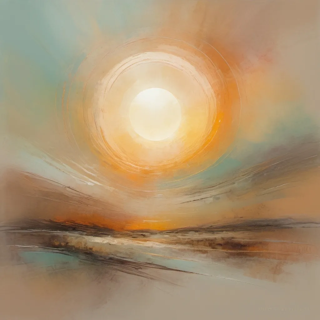 Prompt: (accurately spelled text "August 21st - a once a year trip around the sun"), abstract expressionism style, (muted color palette) of soft pastels and earthy tones, with a serene rising sun backdrop, emotive brush strokes, dynamic shapes, ethereal atmosphere, high-quality artwork, blending form and meaning, conveying transformation and renewal.