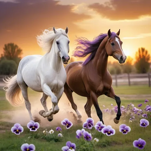 Prompt: two Arabian horses white and brown, flying pansies flowers, flowing violet mane, gallops, sunset, ranch, spacious meadow