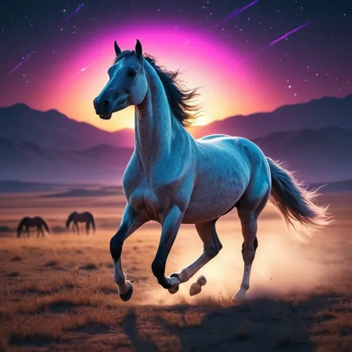 Prompt: Synthwave arabian horse with light tracing, with a beautiful sunrise, running free in the grasslands, beneath the night stars, corona effect, cinematic