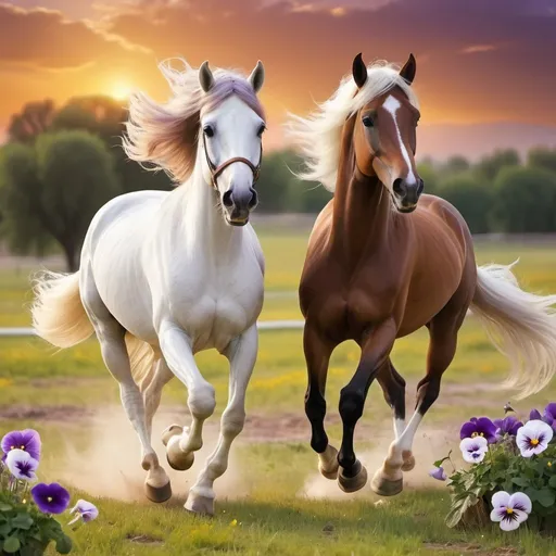 Prompt: two Arabian horses white and brown, flying pansies flowers, flowing violet mane, gallops, sunset, ranch, spacious meadow