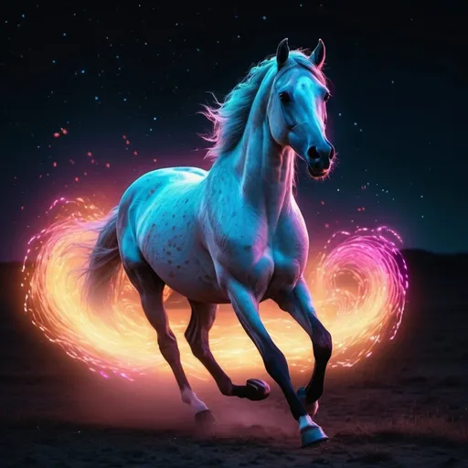 Prompt: Synthwave translucent arabian horse with light tracing, surrounded by glowing embers, dark background, running free in the grasslands, beneath the night stars, corona effect, cinematic, poster