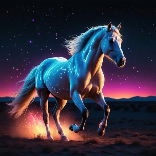 Prompt: Synthwave translucent arabian horse with light tracing, surrounded by glowing embers, dark background, running free in the grasslands, beneath the night stars, corona effect, cinematic, poster